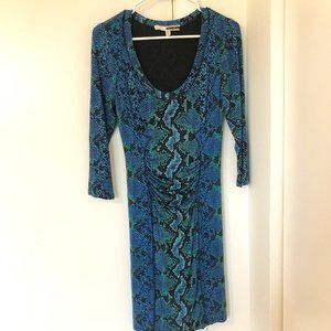 Tracy Reese Blue/Green Snakeskin Ruched 3/4 Sleeve Dress Sz M